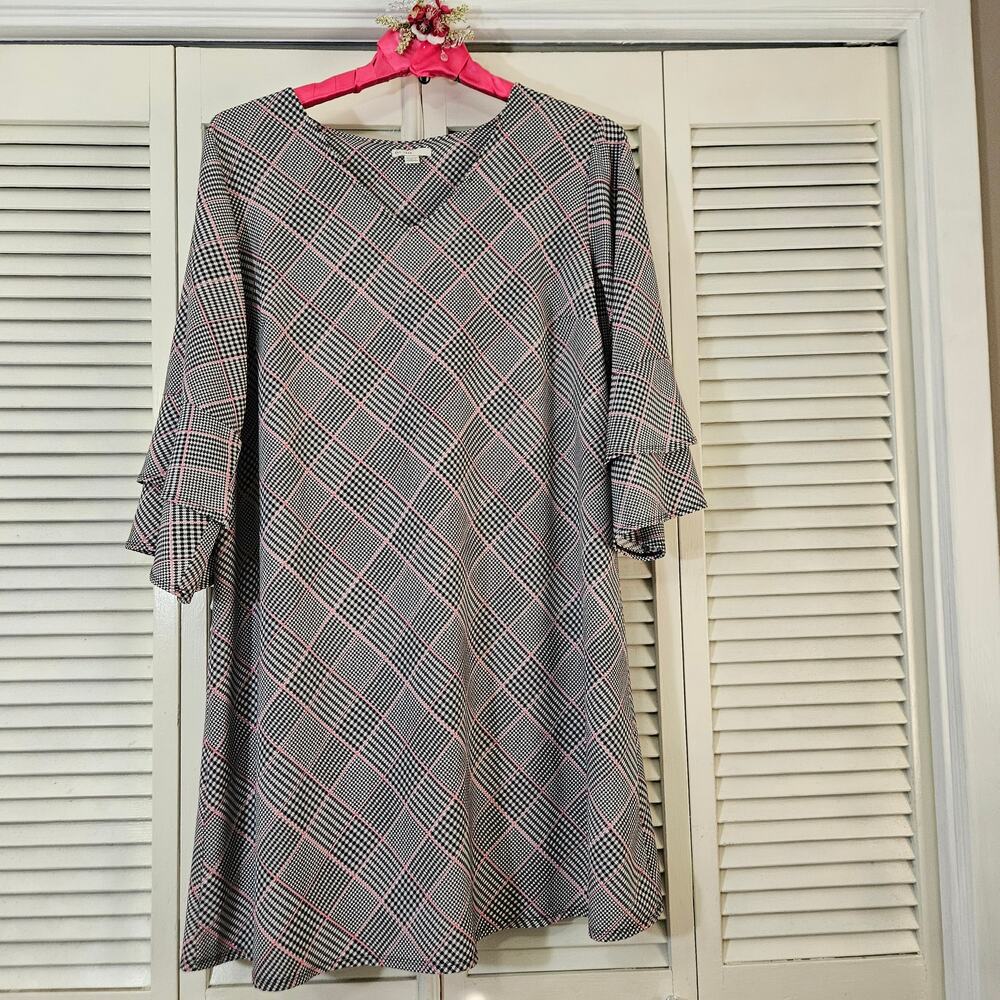 EST 1946 Plus 18/20W Houndstooth Plaid Bell Sleeve Shift Dress Preppy Coquette